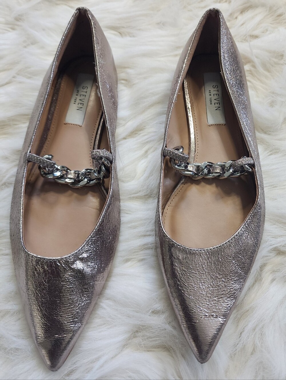 Steven New York Metallic Pewter Silver Chain Pointed Toe Flats Women’s Size 8